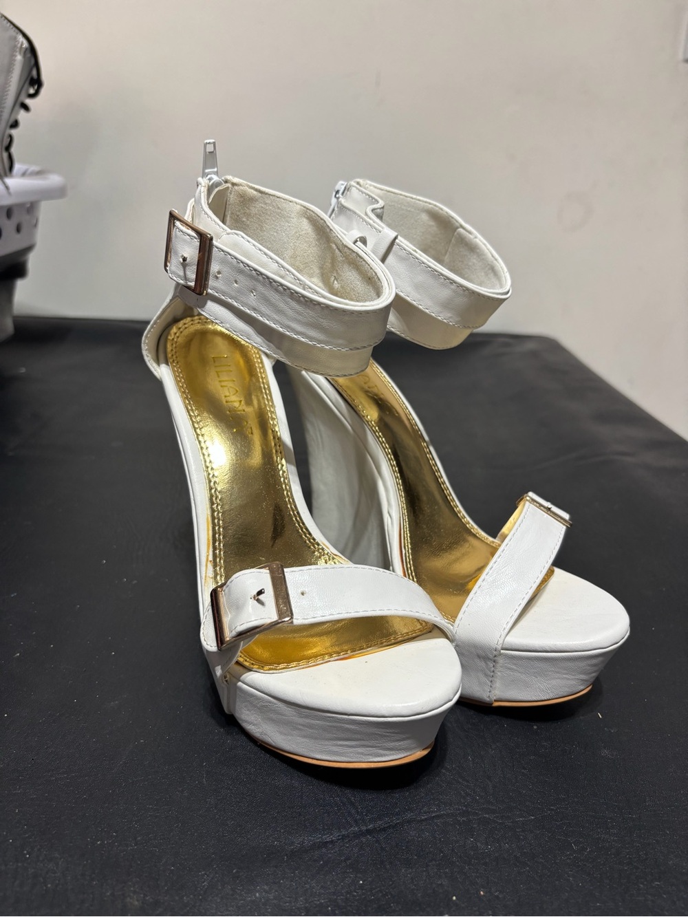 Liliana White Platform Ankle-Strap Heels with Gold Insole